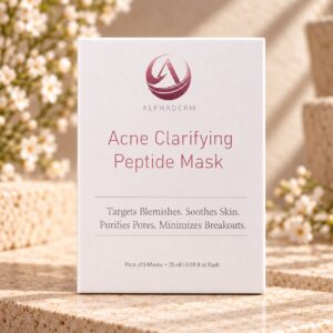 AlphaDerm Acne Clarifying Peptide Mask on a warm travertine display