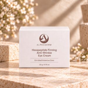 AlphaDerm Hexapeptide Firming Anti-Wrinkle Eye Cream on a warm travertine display