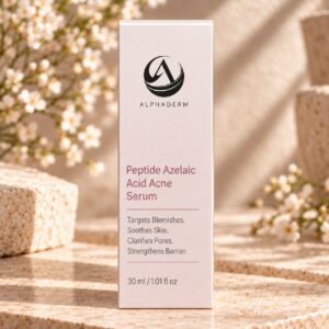 AlphaDerm Peptide Azelaic Acid Acne Serum on a warm travertine display