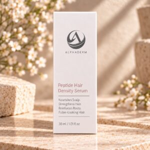 AlphaDerm Peptide Hair Density Serum on a warm travertine display