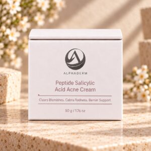 AlphaDerm Peptide Salicylic Acid Acne Cream on a warm travertine display