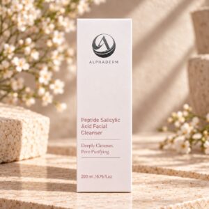 AlphaDerm Peptide Salicylic Acid Facial Cleanser on a warm travertine display