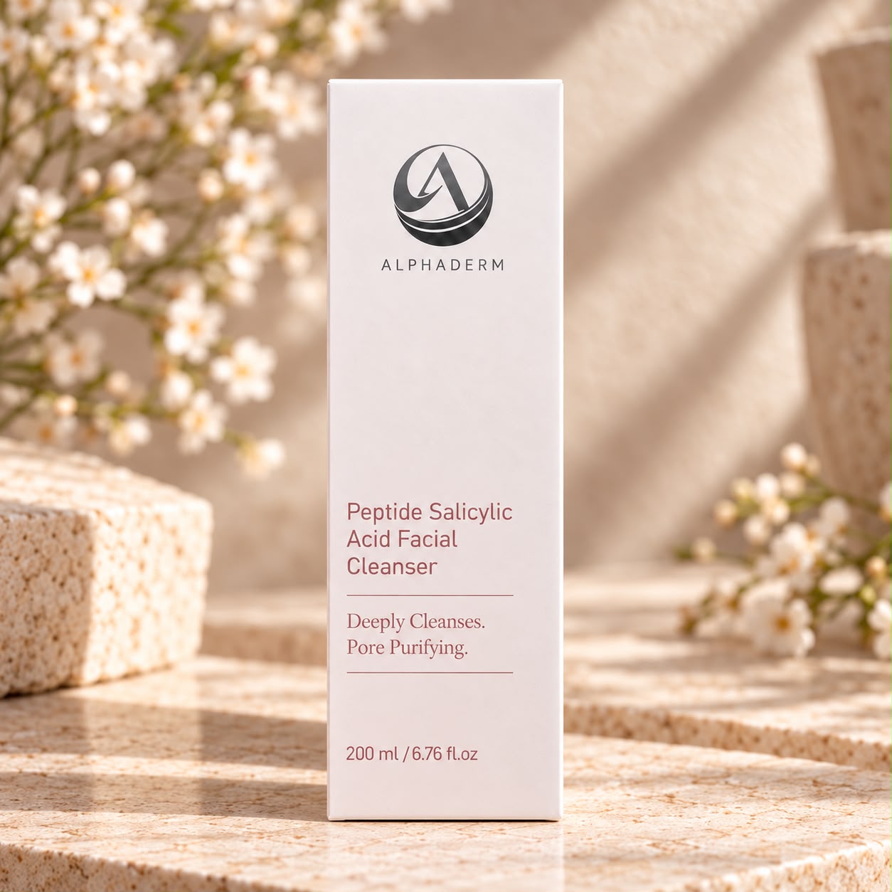 AlphaDerm Peptide Salicylic Acid Facial Cleanser on a warm travertine display