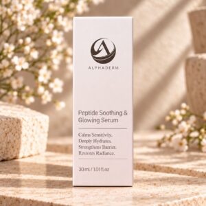 AlphaDerm Peptide Soothing & Glowing Serum on a warm travertine display