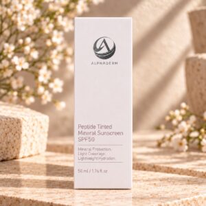 AlphaDerm Peptide Tinted Mineral Sunscreen SPF50 on a warm travertine display