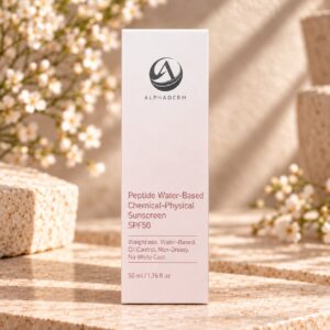 AlphaDerm Peptide Water-Based Chemical-Physical Sunscreen SPF50 on a warm travertine display
