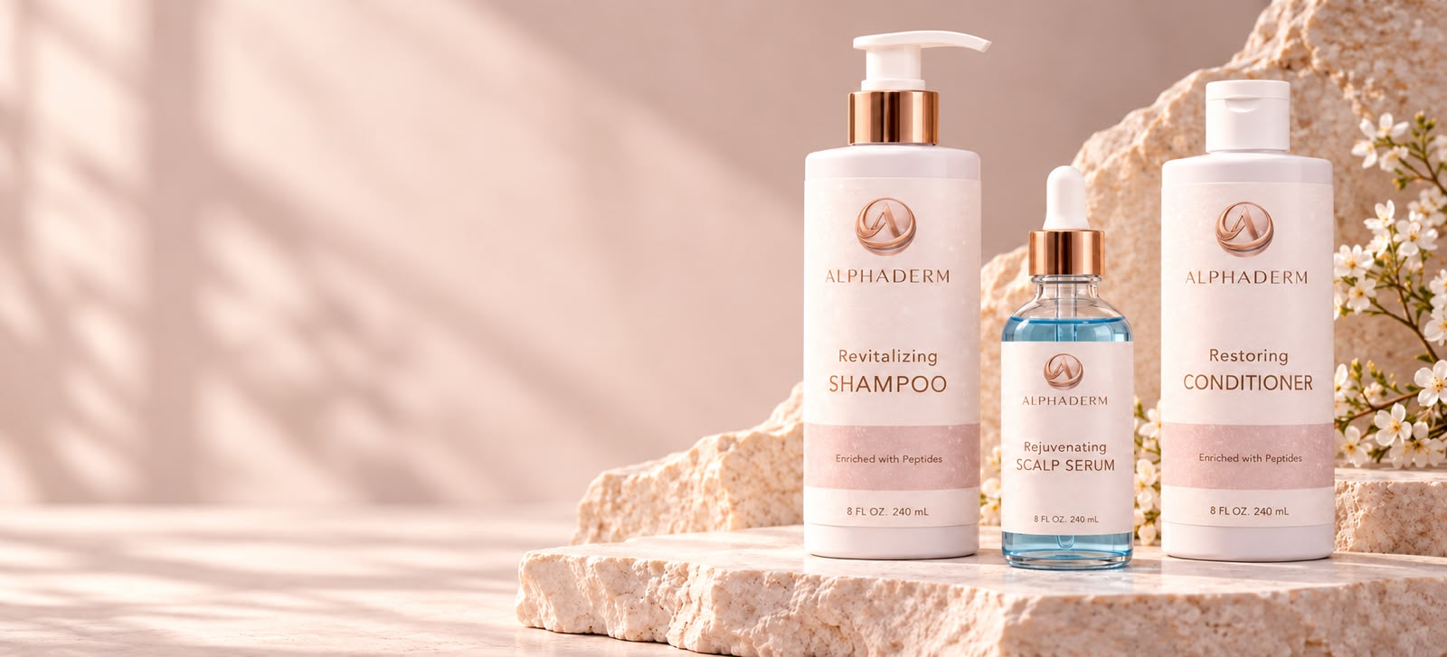 AlphaDerm shampoo, scalp serum and conditioner on a travertine display