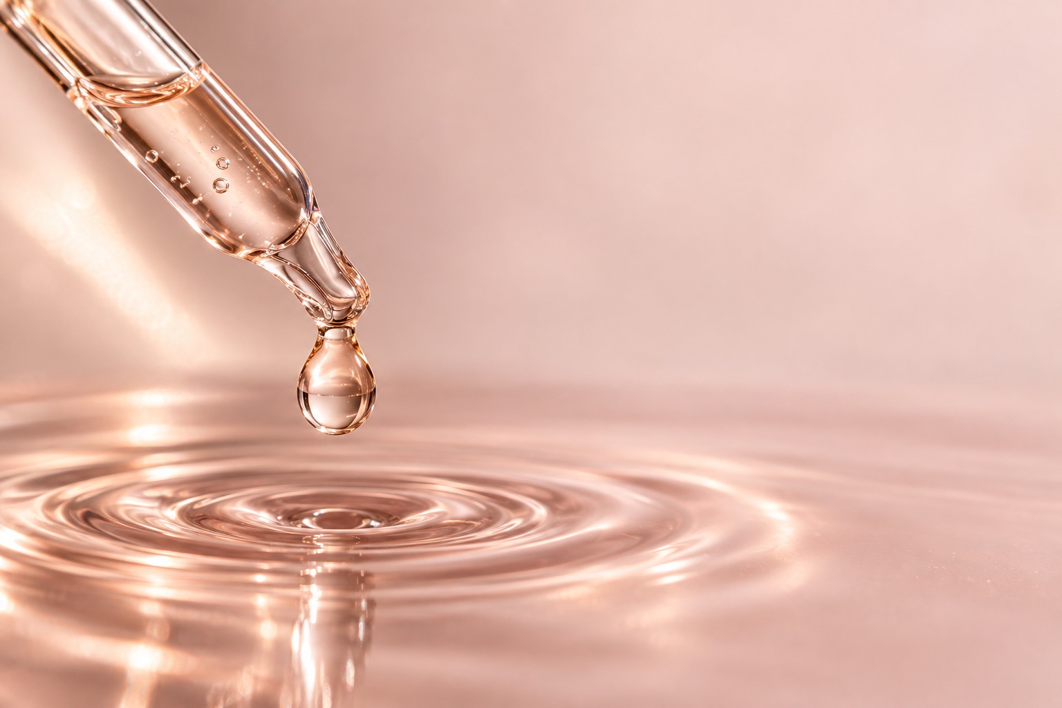 A glass dropper above a rose-toned liquid surface